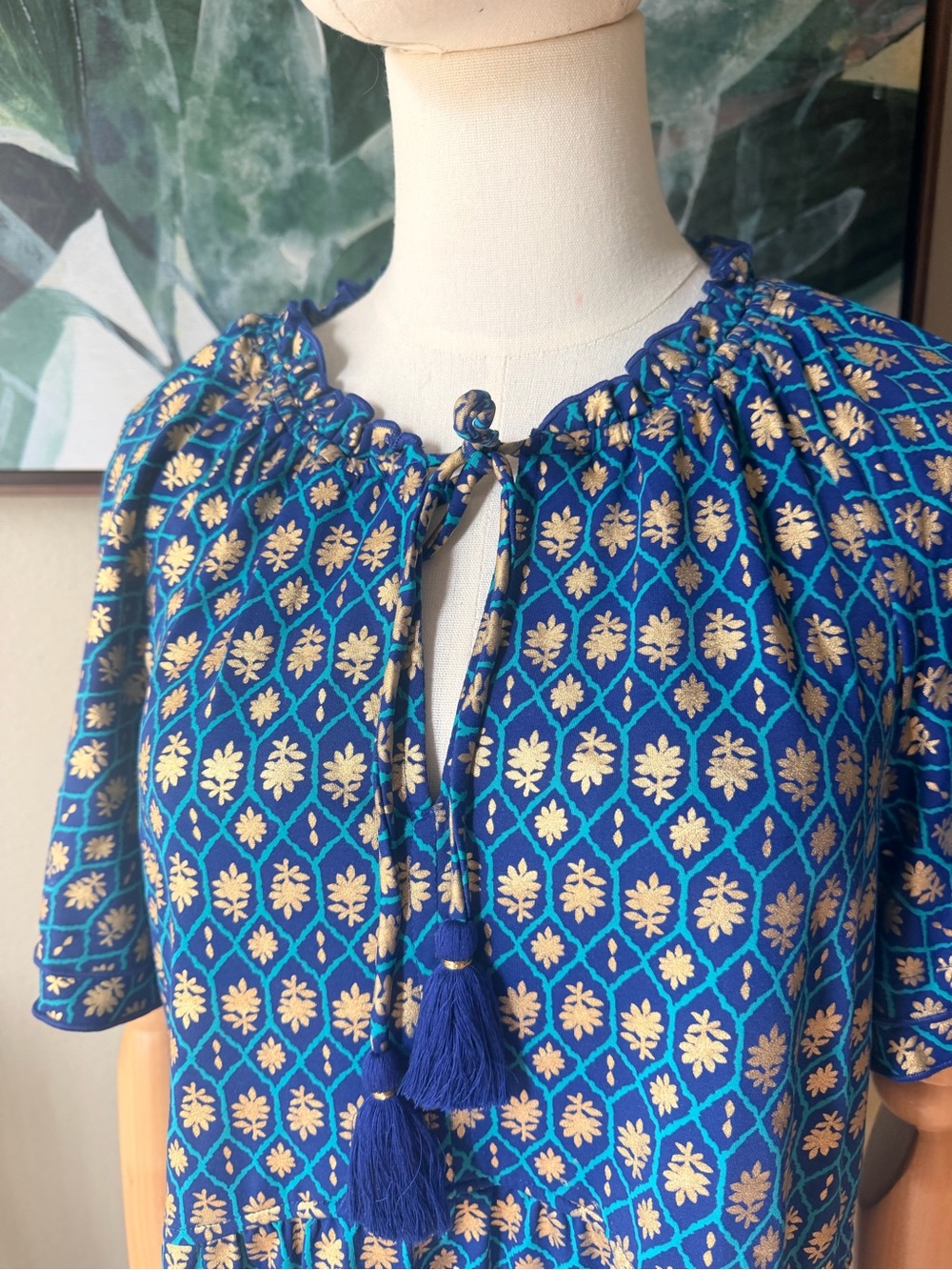 Cabana Life Blue Gold Print Tassel Dress Swim Cover Up Size M Beach Resort - Picture 8 of 17